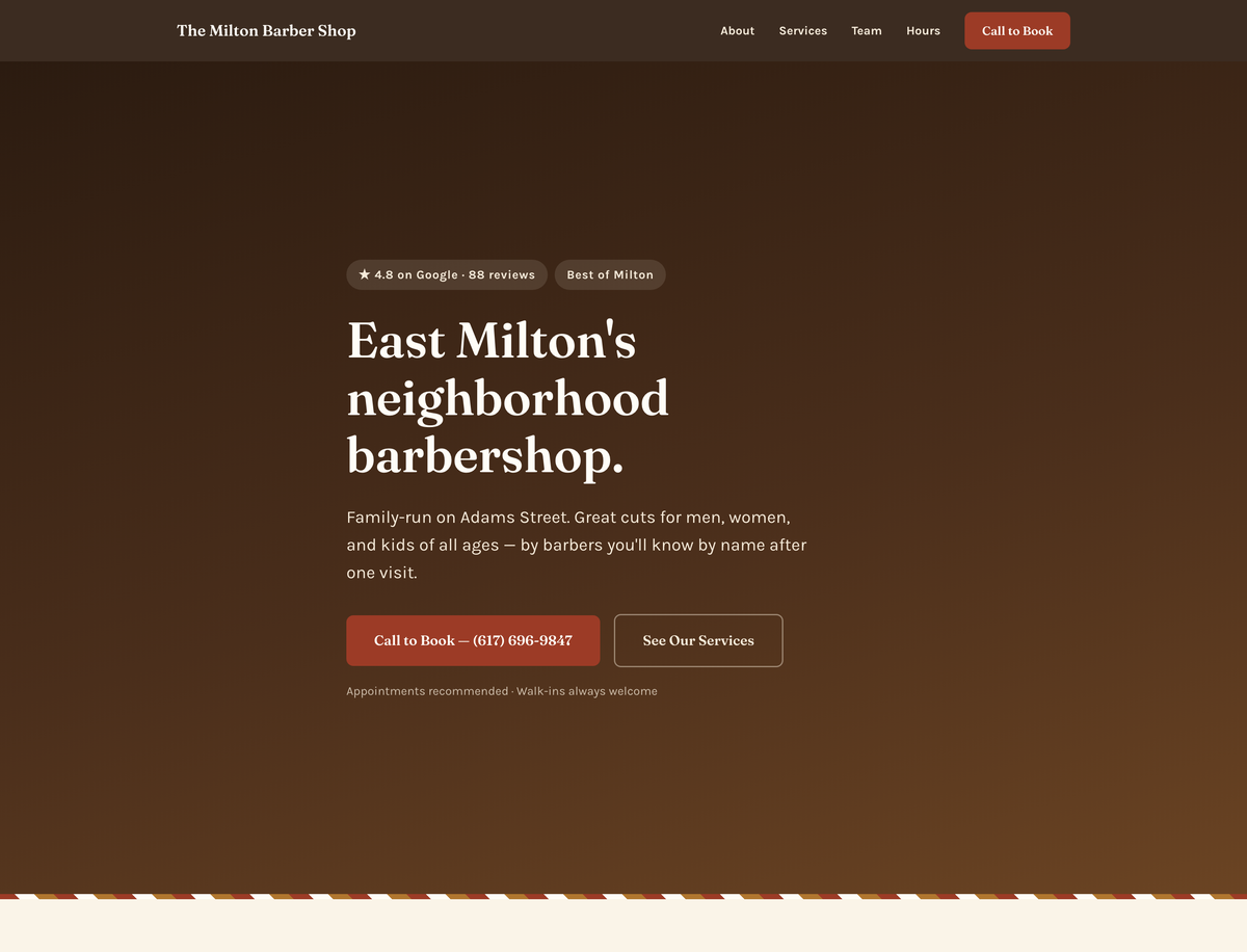 The Milton Barber Shop website screenshot